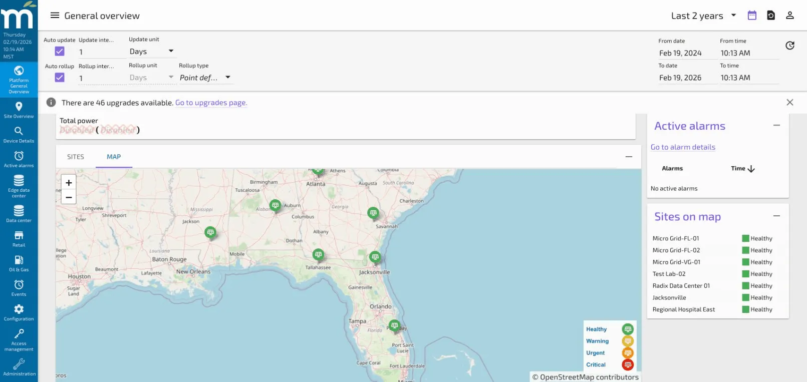 Mango multi-site map showing distributed IoT locations with real-time health status indicators
